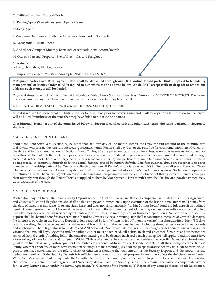 Lease section showing Notice Address/Registrant