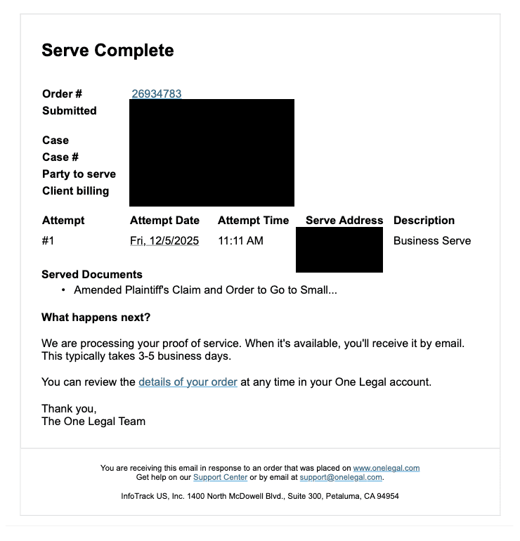 Email confirmation of successful service